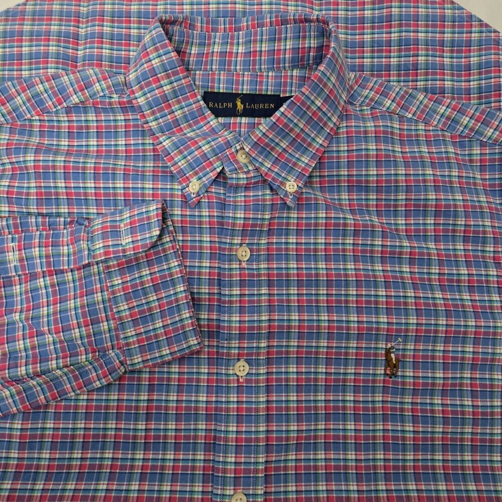 Ralph Lauren Sz L Button Up Long Sleeve Shirt Pink Blue Plaid